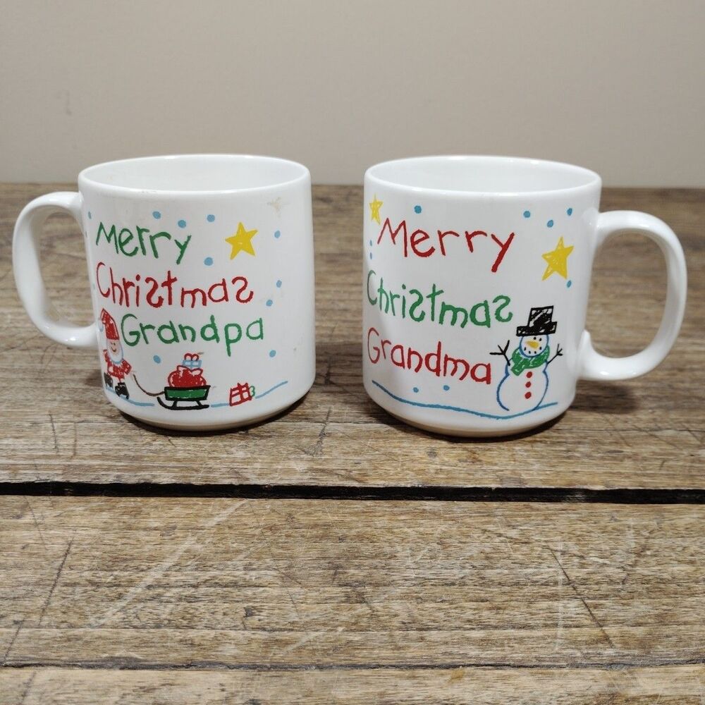 Vintage RUSS Christmas Holiday Coffee Mugs Cups Grandma Grandpa Snowman Santa